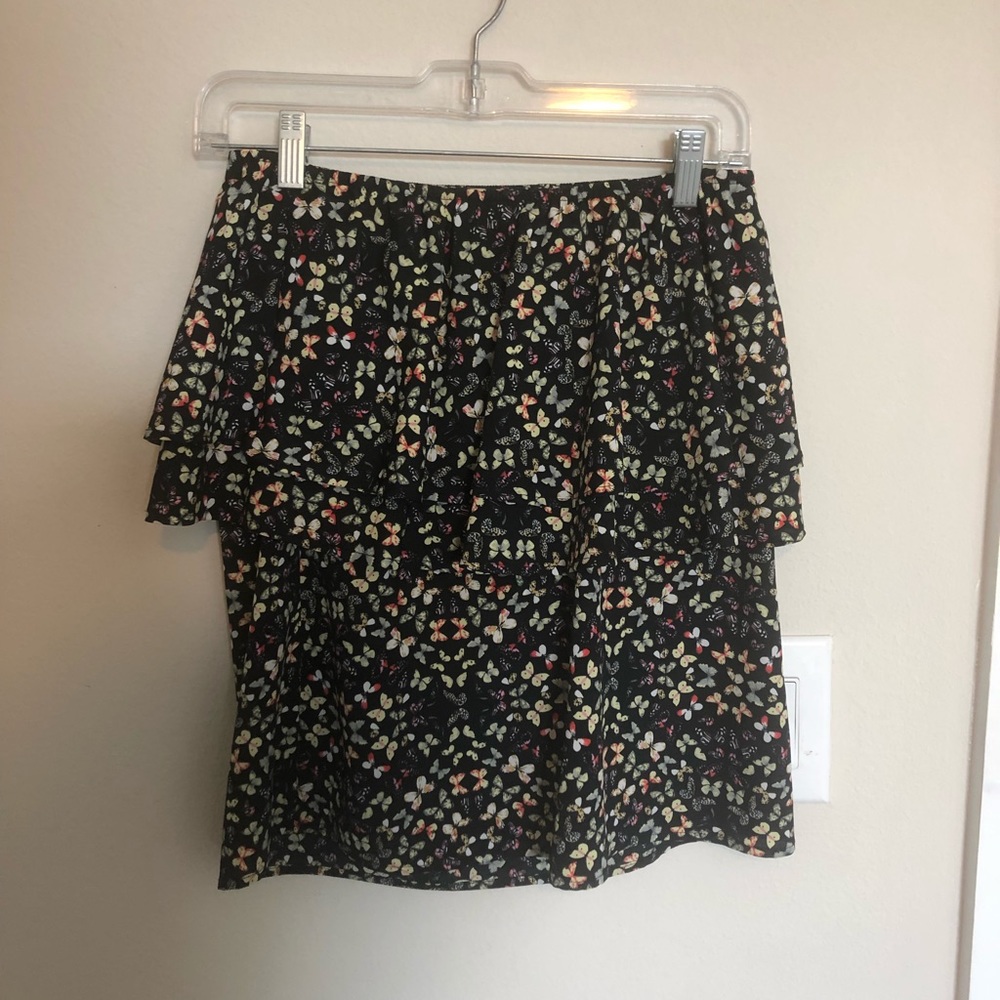 Black strapless top with butterfly pattern